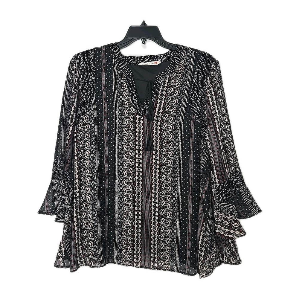 Given Kale Black Aztec Print 3/4 Length Bell Sleeve Lined Tunic Top Size XL